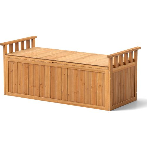 COSTWAY Gartenbox 209L, Auflagenbox Aufbewharungsbox mit Stauraum, Armlehnen, Deckel & Griff, 2-Sitzer Bank, Gartenbank, 128x58x53cm Holz Natur