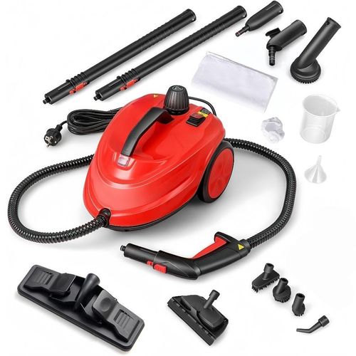 2000W Dampfreiniger mit 13 Zubehör, 5 bar Bodendampfreiniger bis zu 160°C & 108m², Handdampfreiniger mit 1,8L Tank & verlängerbare Bediengriff (Rot)
