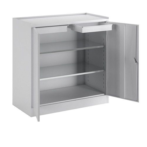 eurokraft basic Werkzeugschrank, mit 2 Schubladen, 2 durchgehenden Fachböden, lichtgrau RAL 7035