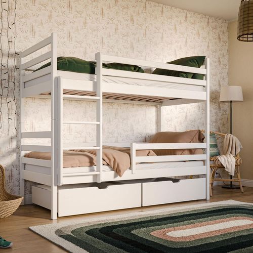 Hochbett 90x200 mit 2 Schubladen Etagenbett mit Rausfallschutz und Lattenrost, umbaubar in zwei Kinderbetten, aus Vollholz massiv in weiß, Kinderbett Funktionsbett