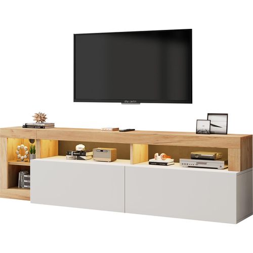 TV-Schrank 184 cm, Moderner TV-Bank mit LED-Beleuchtung, 2 Türen TV-Schrank, Offene Fächer, Weiß