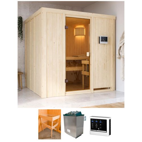 Sauna KARIBU "Tromsö", beige (natur), Saunaofen, externe Steuerung, 9 kW, Saunen, mit Ofen 9 kW externer Steuerung
