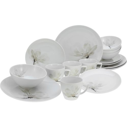 Kombiservice CREATABLE "Home Magnolie", beige (magnolie), 16 Stk., Porzellan, Geschirr-Sets, Kombiservice, Dekor mit Magnolienblüte