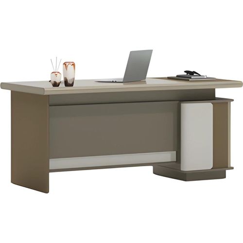 Schreibtisch Grau und Beige mit Schubladen und Ablagefächern Büroorganisation