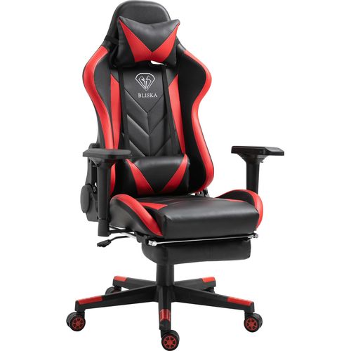 Gaming Stuhl mit Fußstütze und ergonomsichen 4D-Armlehnen gaming chair in ergonomischer Sportsitz Optik Gamer Stuhl mit verstellbaren Rückenstützkissen Bürostuhl,Farbe:Schwarz/Rot