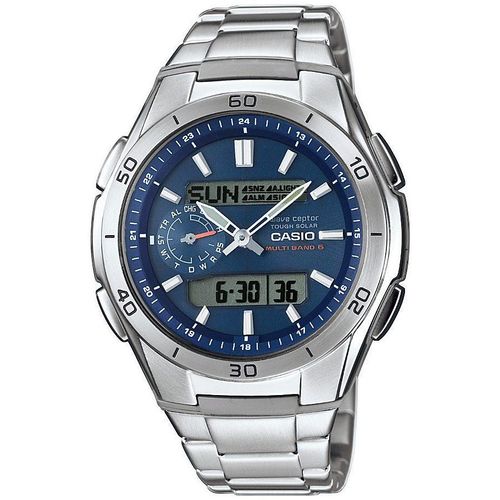 Funkchronograph CASIO FUNK, blau (silberfarben), Armbanduhren, Herren, Solaruhr, Armbanduhr, Digitaluhr,Edelstahlarmband, bis 10 bar wasserd.