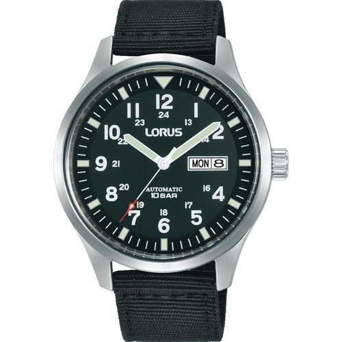 Automatikuhr LORUS, schwarz, Armbanduhren, Herren, Armbanduhr, Herrenuhr, Datum, wasserdicht bis 10 bar, Textilarmband
