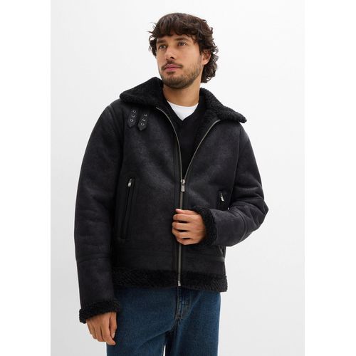 bonprix Lederimitat-Jacke mit Teddyfutter, schwarz, Gr.52, Kernige Lederimitat-Jacke mit TeddyfutterLederimitat