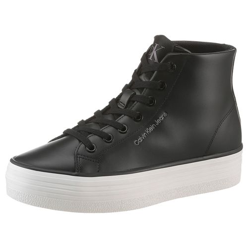 Plateausneaker CALVIN KLEIN JEANS "BOLD VULC FLATF MID LTH IN", Damen, Gr. 39, schwarz-weiß (schwarz, weiß), Leder, unifarben, Schuhe Plateausneaker, High Top Sneaker, Schnürboots mit CK Logo an der Ferse