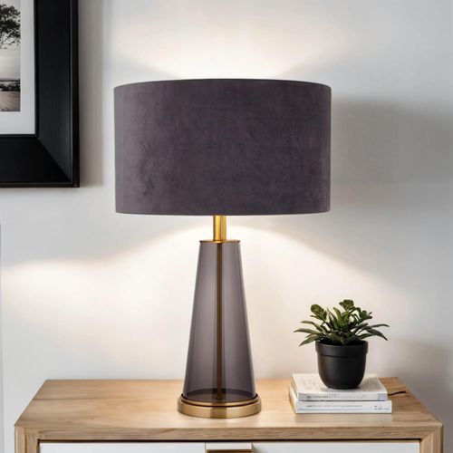Nachttischlampe Glas Stoff E27 Ø 38 cm rund 60 cm in Rauchgrau Grau Gold Modern