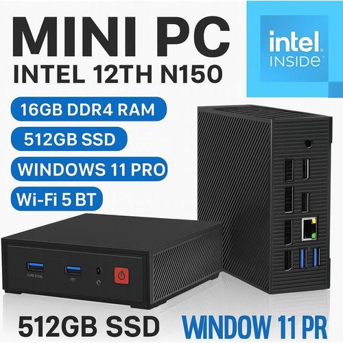 Mini PC Intel N150 12. Gen | 16GB DDR4 RAM | 512GB SSD | Windows 11 Pro | WiFi 5 Bluetooth