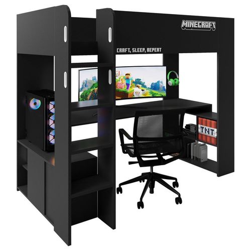 Minecraft Hochbett Minecraft , Schwarz Carbon Optik , Holz , Gaming , Höhe ca. 12 cm , 90x200 cm , Beleuchtung , Holzmöbel, Kinderbetten Holz