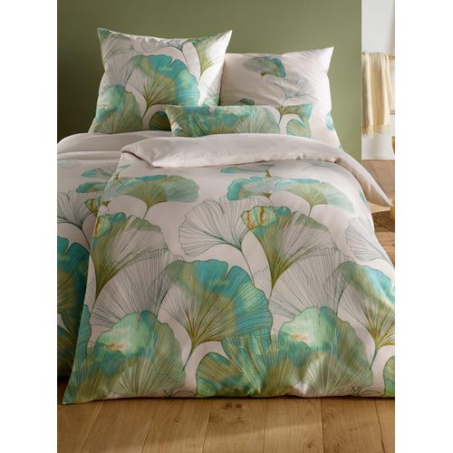 Bettwäsche HEINE HOME Gr. 1, grün (ecru, grün, bedruckt), B/L: 135cm x 200cm, Mako-Satin, B/L: 80cm x 80cm, 2 Stk., Mako-Satin, 100% Baumwolle, Bettwäsche