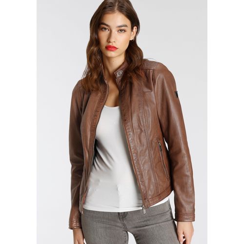 Lederjacke H.I.S, Damen, Gr. 44, braun (cognac), Obermaterial: 100% Lammleder. Futter: 100% Polyester, unifarben, figurbetont, Jacken, aus Lammleder, figurbetonter Schnitt, mit Stehkragen