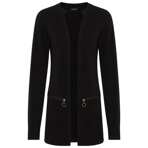 Strickjacke LAURA SCOTT, Damen, Gr. 32/34, schwarz, Feinstrick, Obermaterial: 50% Viskose, 28% Polyester, 22% Polyamid, clean, unifarben, figurumspielend Po-bedeckend, Rundhals, Rippbündchen, Strickjacken, kuscheliger Übergangsstrick in lässiger Langform mit Zipperdetails