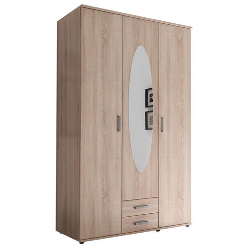Boxxx Drehtürenschrank, Sonoma Eiche, Kunststoff, 3 Fächer, 2 Schublade(n) Schubladen, 120x195x55 cm, in verschiedenen Holzdekoren erhältlich, Schrankfront mit Spiegel, Schlafzimmer, Kleiderschränke, Drehtürenschränke