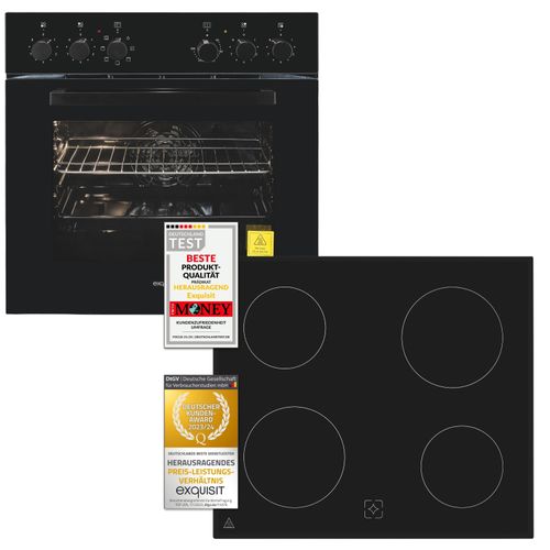 Exquisit Einbauherdset EHE256-U-020-Set schwarz | 59 l Garraumvolumen | Energieklasse A | Restwärmeanzeige | Backofenbeleuchtung | Kochfeld ohne Rahme
