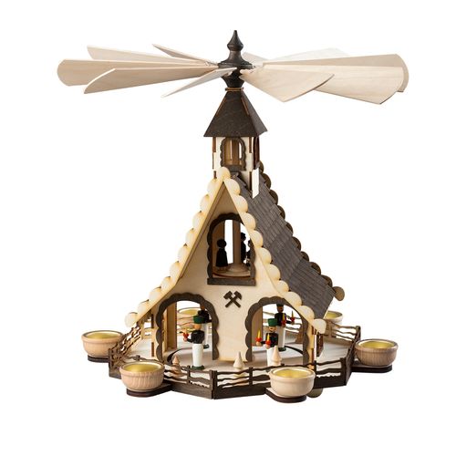 Weihnachtspyramide SAICO ORIGINAL "Hauspyramide, Bergmänner", natur, B:40cm H:47cm T:40cm, Holz teilmassiv, Sperrholz, Weihnachtspyramiden, Weihnachtspyramide, für 6 Teelichte, HxØ: 47x40cm