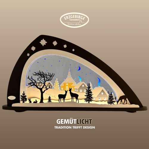 LED Schwibbogen WEIGLA "Stille Nacht", braun, blau, B:66cm H:33,8cm T:6cm, Holzwerkstoff, Plexiglas, Schwibbögen, Erzgebirge garantiert, aus Buchenholz & Acrylglas