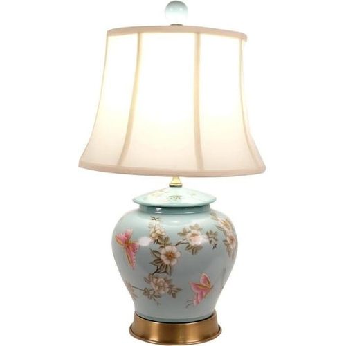 Fine Asianliving Chinesische Tischlampe Porzellan Türkis Handbemalte Blüten D35xH63cm