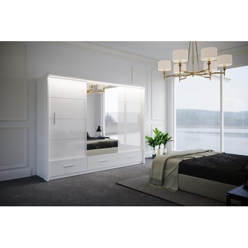 Modern Sideboard Kleiderschrank mit LED Beleuchtung MARSYLIA 250 cm, Schiebtürenschrank aus Holz, Garderoben organizermit Schubladen (Weiß)