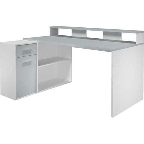 GamerBüro Büromöbel Gamer, 1 Tür, 1 Schublade, 2 Offene Fächer weiß , grau.