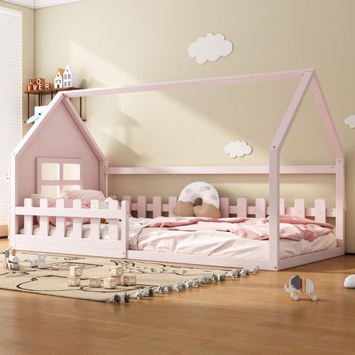Sweiko 90x200cm Flachbett, Kinderbett, Hausleiste, Rosa