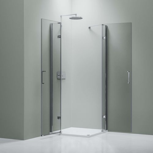Eckdusche mit zwei Drehtüren an Festfeld NT407 - 8 mm - Nano Klarglas - Breite wählbar, Breite Tür mit Anschlag RECHTS:120 cm, Breite Tür mit Anschlag LINKS:90cm