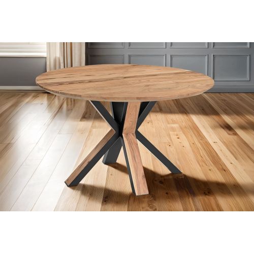 Runder Esstisch 120 cm Kimberly, Akazienholz naturfarben + massiv, Esszimmertisch mit Schweizer Kante, Spider-Gestell Metall Schwarz/Holz außen, pflegeleichter Holztisch