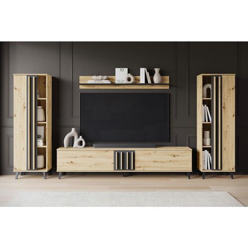 P & B Wohnwand Helsinki , Eiche Artisan , Holzwerkstoff , 4-teilig , 6 Fächer , 270x140x33 cm , FSC , stehend , Wohnzimmer, Wohnwände, Anbauwände