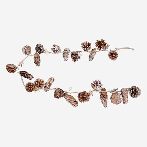Braune Girlande aus Tannenzapfen und Holzsternen 145cm