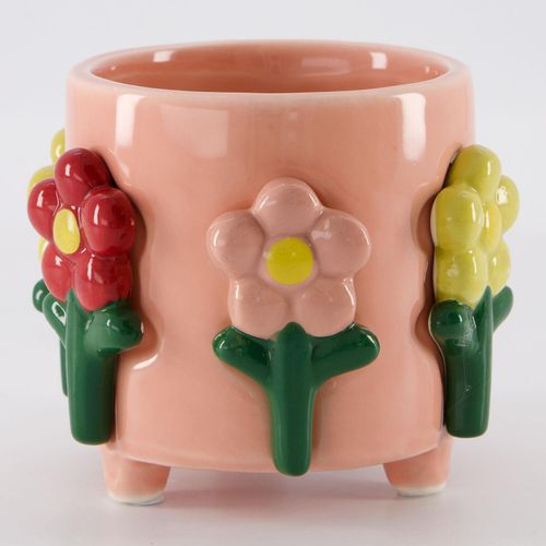 Rosafarbener Übertopf mit Blumenmotiven 10,5x12,5cm