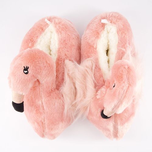 Rosafarbene Hausschuhe in Flamingoform aus Kunstfell