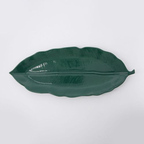 Grüne Servierplatte aus Keramik in Blattform 47x19cm