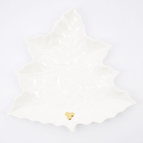 Weißer Teller in Stechpalmenblattform aus Keramik 30x29,5cm