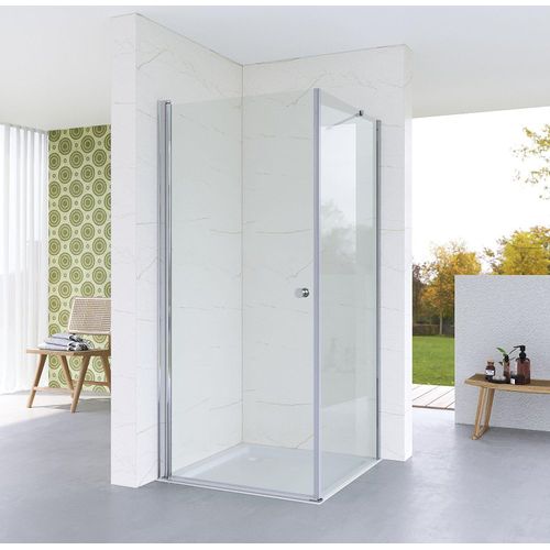 Duschkabine 75x90 cm Eckeinstieg Eckdusche Duschtür Drehtür Pendeltür Schwingtür mit festem Seitenteil und Seitenwand aus Sicherheitsglas (ESG) 5 mm klar Höhe 187 cm rahmenlos Chrom-Optik spritzwasserdicht variable Breite barrierefrei Image