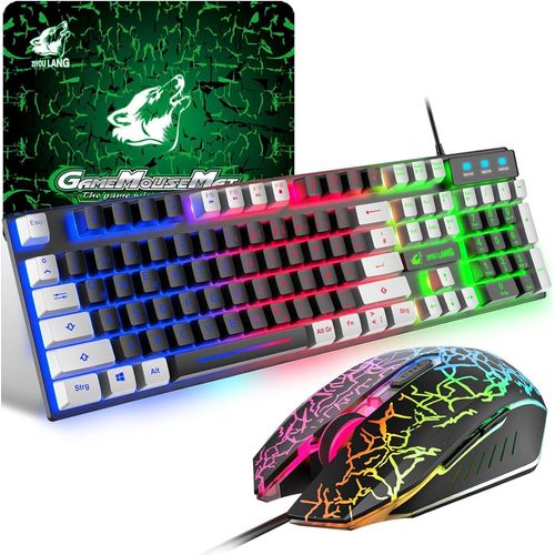 Gaming Tastatur und Maus Set mit Adapter, QWERTZ German Layout Farbbeleuchtung Keyboard 6 Tasten 2400 DPI Maus und Mauspad, USB Verkabelt Schwarz