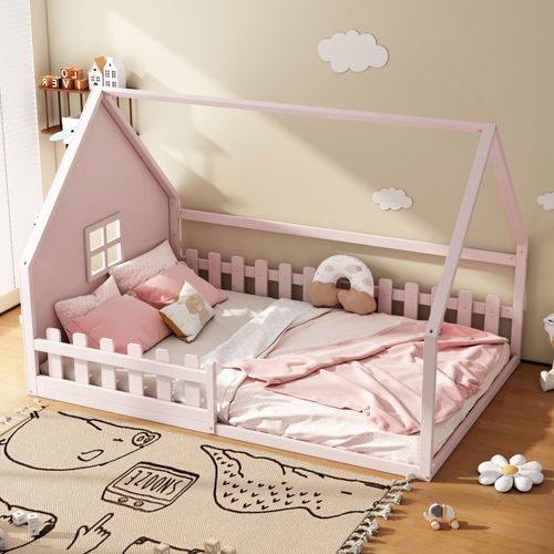 Kinderbett mit Hausleiste und Stauraum 140x200 cm,Rosa