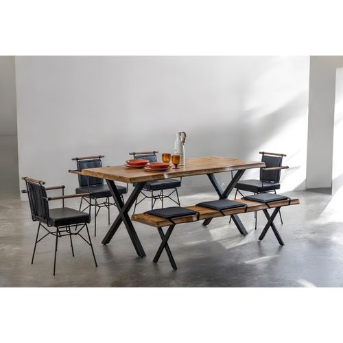 Rechteckiger Esstisch mit Holzplatte und schwarzem X-förmigem Metallgestell