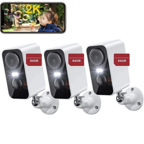 2K/3MP Überwachungskamera Aussen Akku, er Cloud-Speicher 64GB Speicher Karte 3 Stücke