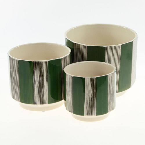 Großer grün-beiger Blumentopf mit Streifenmuster
