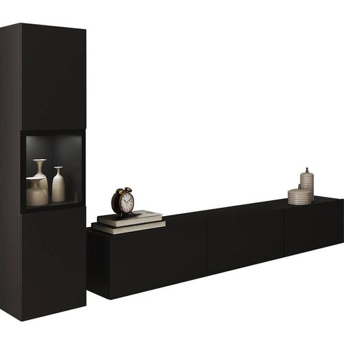 P & B Wohnwand Berlin , Schwarz , Glas, Holzwerkstoff , 2-teilig , 4 Fächer , kaltweiß , 210x130x32.5 cm , FSC , stehend, hängend, Beleuchtung,