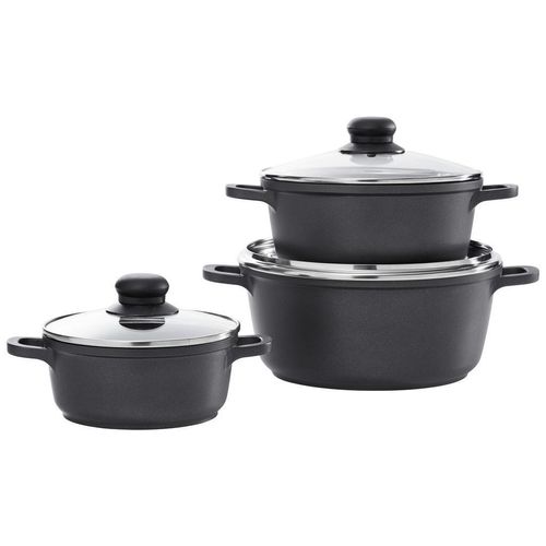 Homeware Profession. Kochtopfset Turin, Klar, Schwarz, Metall, Kunststoff, Glas, 3-teilig, 20 cm,24 cm, 2 L,3,9 L,1,25 L, rund, Lfgb, Kochen, Töpfe, Topfsets