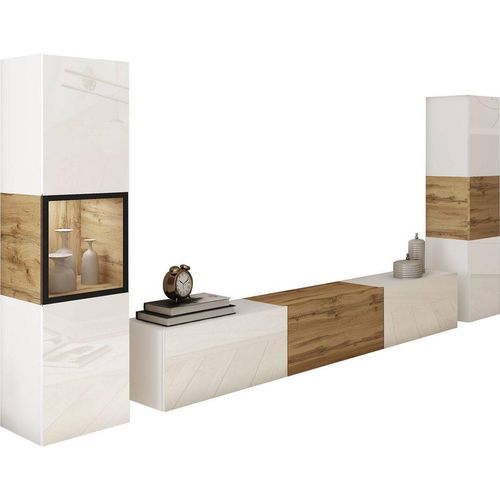 P & B Wohnwand Berlin , Weiß, Eiche Wotan , Glas, Holzwerkstoff , 3-teilig , 8 Fächer , kaltweiß , 240x130x31 cm , FSC , stehend, hängend,