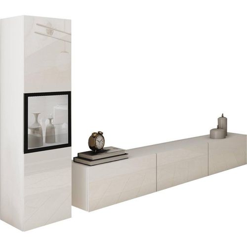 P & B Wohnwand Berlin , Weiß, Weiß Hochglanz , Glas, Holzwerkstoff , 2-teilig , 4 Fächer , kaltweiß , 210x130x32.5 cm , FSC , stehend, hängend,