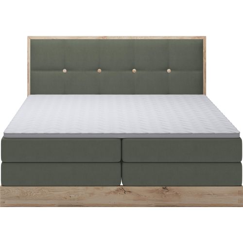 Schlafzimmer Bett Polsterbett ELLI – Modernes Kontinentalbett Aus Eichenholz, Mit 2 Stauraumfächern Und Komfortabler Matratze | 140x200 cm | Dunkelgrün