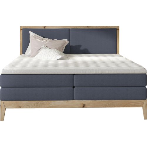 Schlafzimmer Bett Kontinentalbett IDA – Eiche Massivholz, 7-Zonen-Taschenfederkernmatratze, Premium Kaltschaum Topper – Boxspringbett Mit Beleuchtung | 140x200 cm | Blau