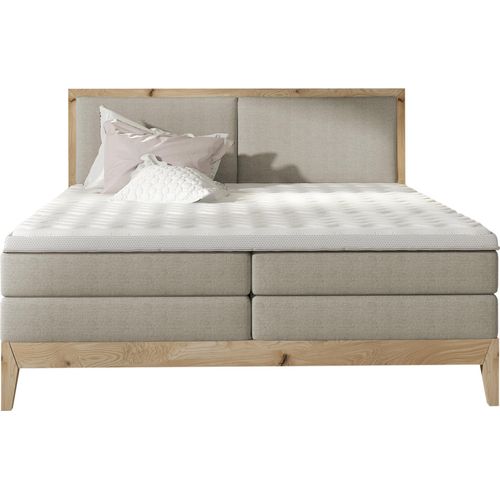Schlafzimmer Bett Kontinentalbett IDA – Eiche Massivholz, 7-Zonen-Taschenfederkernmatratze, Premium Kaltschaum Topper – Boxspringbett Mit Beleuchtung | 140x200 cm | Esche