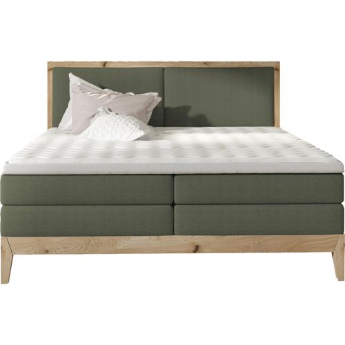 Schlafzimmer Bett Kontinentalbett IDA – Eiche Massivholz, 7-Zonen-Taschenfederkernmatratze, Premium Kaltschaum Topper – Boxspringbett Mit Beleuchtung | 140x200 cm | Dunkelgrün