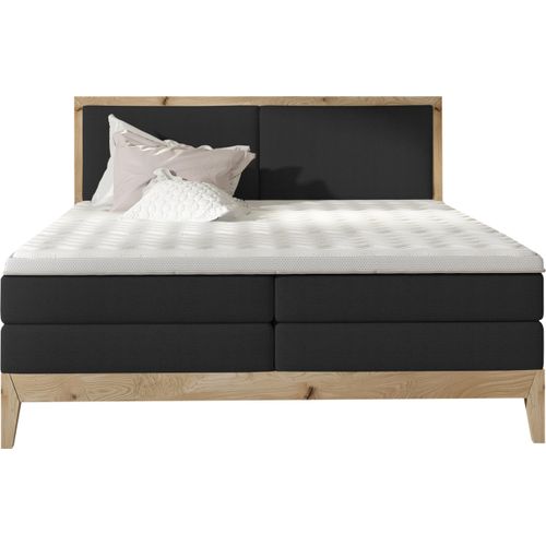 Schlafzimmer Bett Kontinentalbett IDA – Eiche Massivholz, 7-Zonen-Taschenfederkernmatratze, Premium Kaltschaum Topper – Boxspringbett Mit Beleuchtung | 140x200 cm | Schwarz